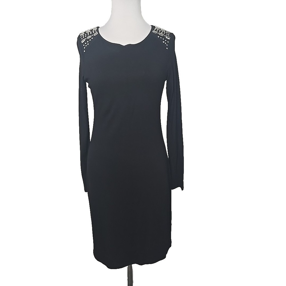 Vince‎ Camuto Black Jersey Rayon Long Sleeve Embellished Shoulder Dress Small S